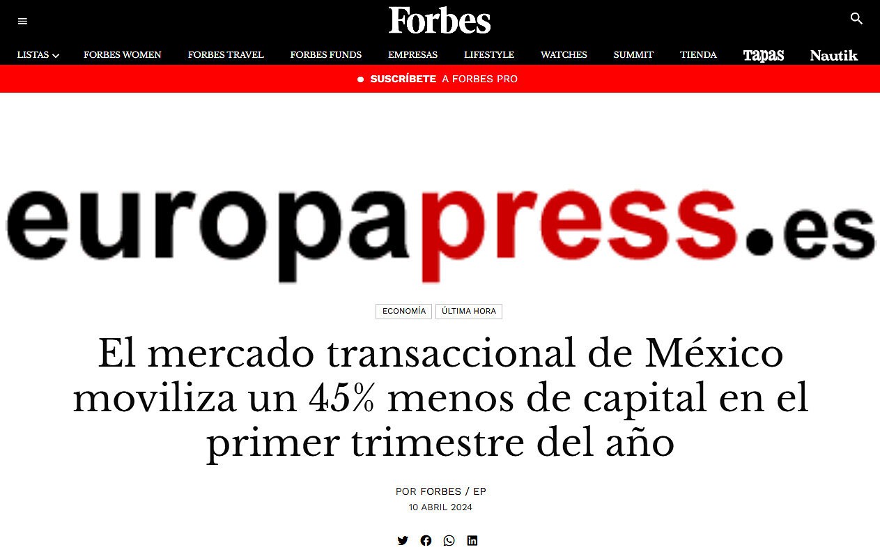 El mercado transaccional de Mxico moviliza un 45% menos de capital en el primer trimestre del ao